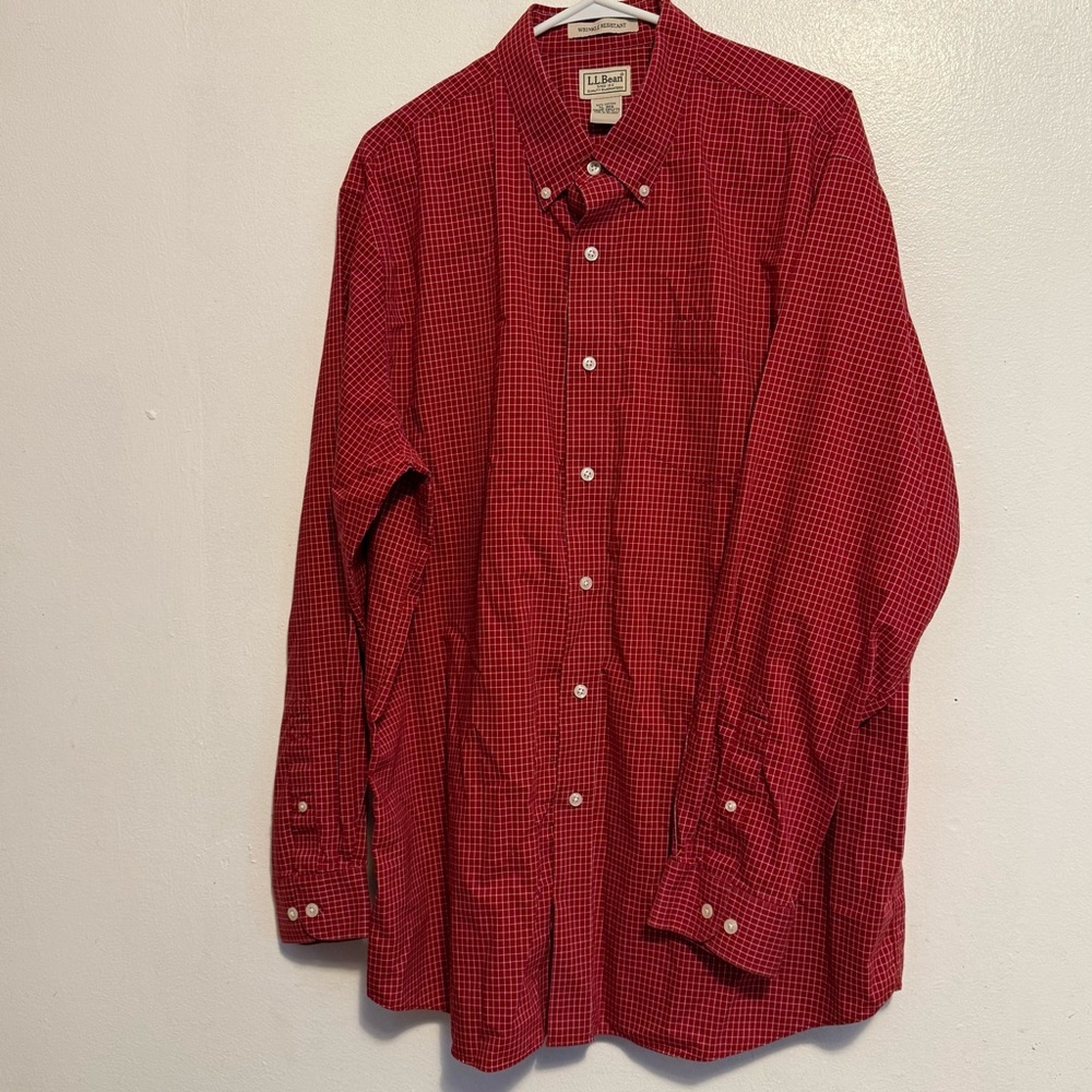 L.L. Bean Men's Red White Button-Down Shirt Check Mens XL 100% Cotton